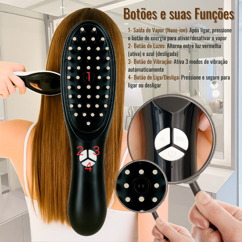 Pente Massageador Capilar 4 em 1 com LED e Vapor – Fortalece os Fios, Estimula o Crescimento e Combate a Queda